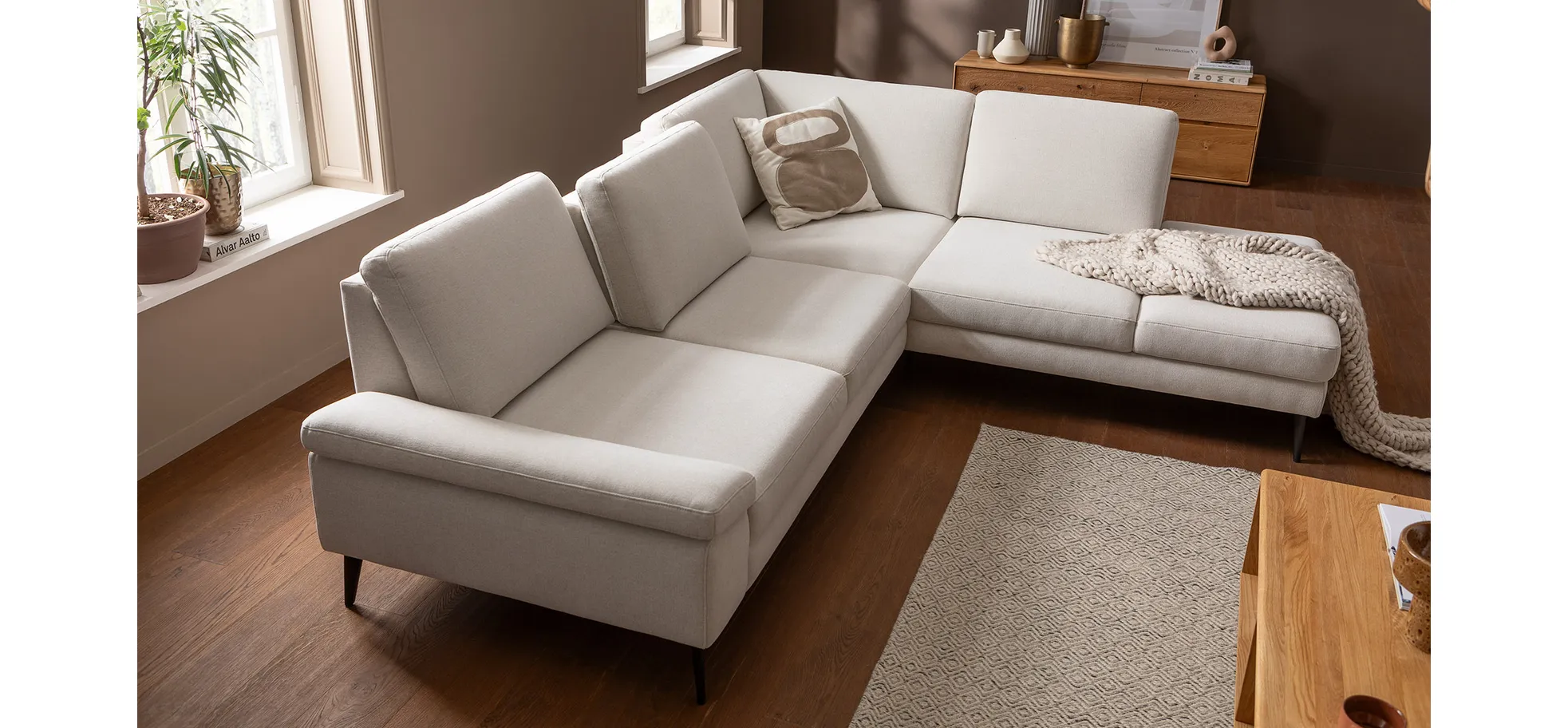 Ecksofa Houston - 2,5-Sitzer, Eckelement und 1-Sitzer mit Abschlussteil rechts,  inkl. Sitztiefenverstellung und Armlehne klappbar, Stoff, Natur