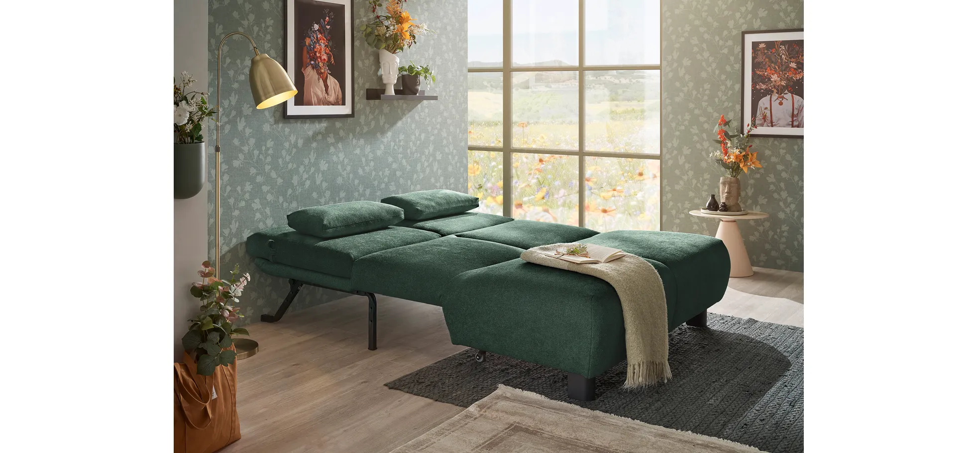  Faltsofa EBBY - 2-Sitzer ohne Armlehne, 140 cm inkl. Schlaffunktion, Stoff, Dunkelgrün