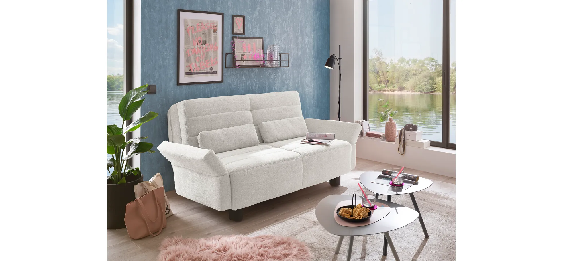  Faltsofa Easy - 2-Sitzer, ca. 140 cm inkl. Schlaffunktion/Armlehne verstellbar, Stoff, Creme