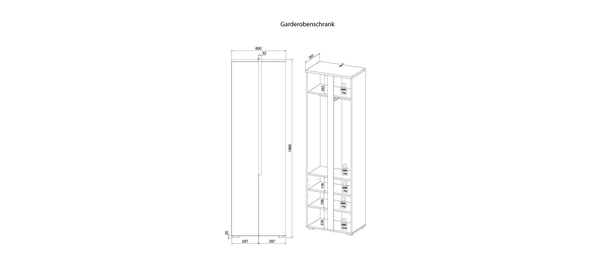 Garderobenschrank - B ca. 60 cm, Weiß, Weiß Hochglanz, Anthrazit