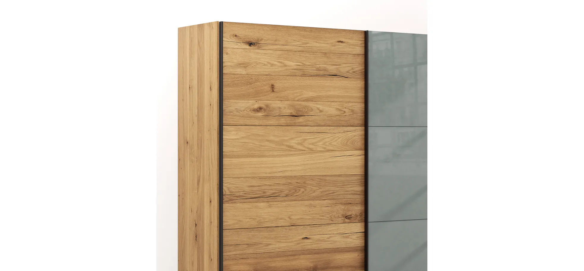 Schwebetürenschrank Colorado - B. ca. 257 cm, Eiche, Glas Graugrün