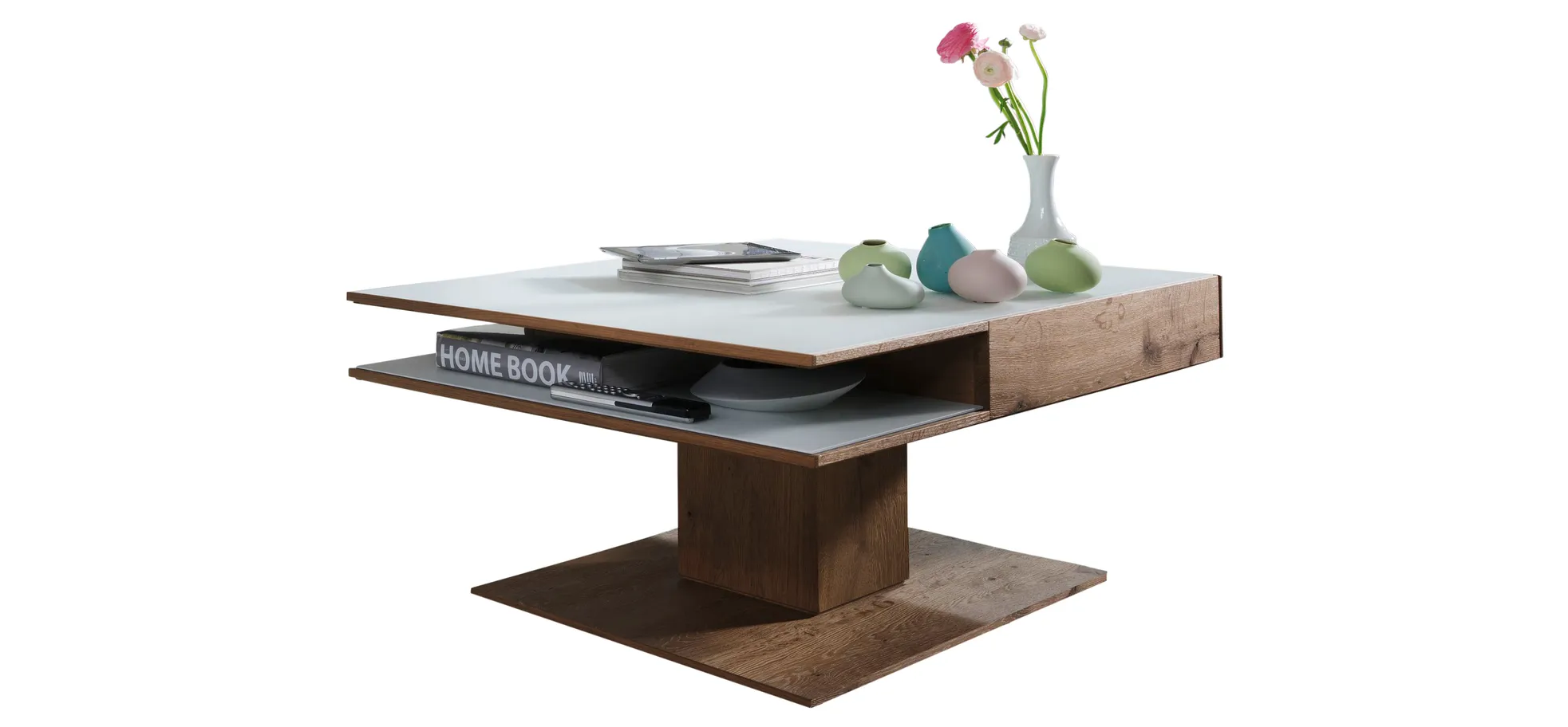 Couchtisch - Schublade, LBH105x75x46 cm, Kerneiche massiv, Mattglas, Weiß