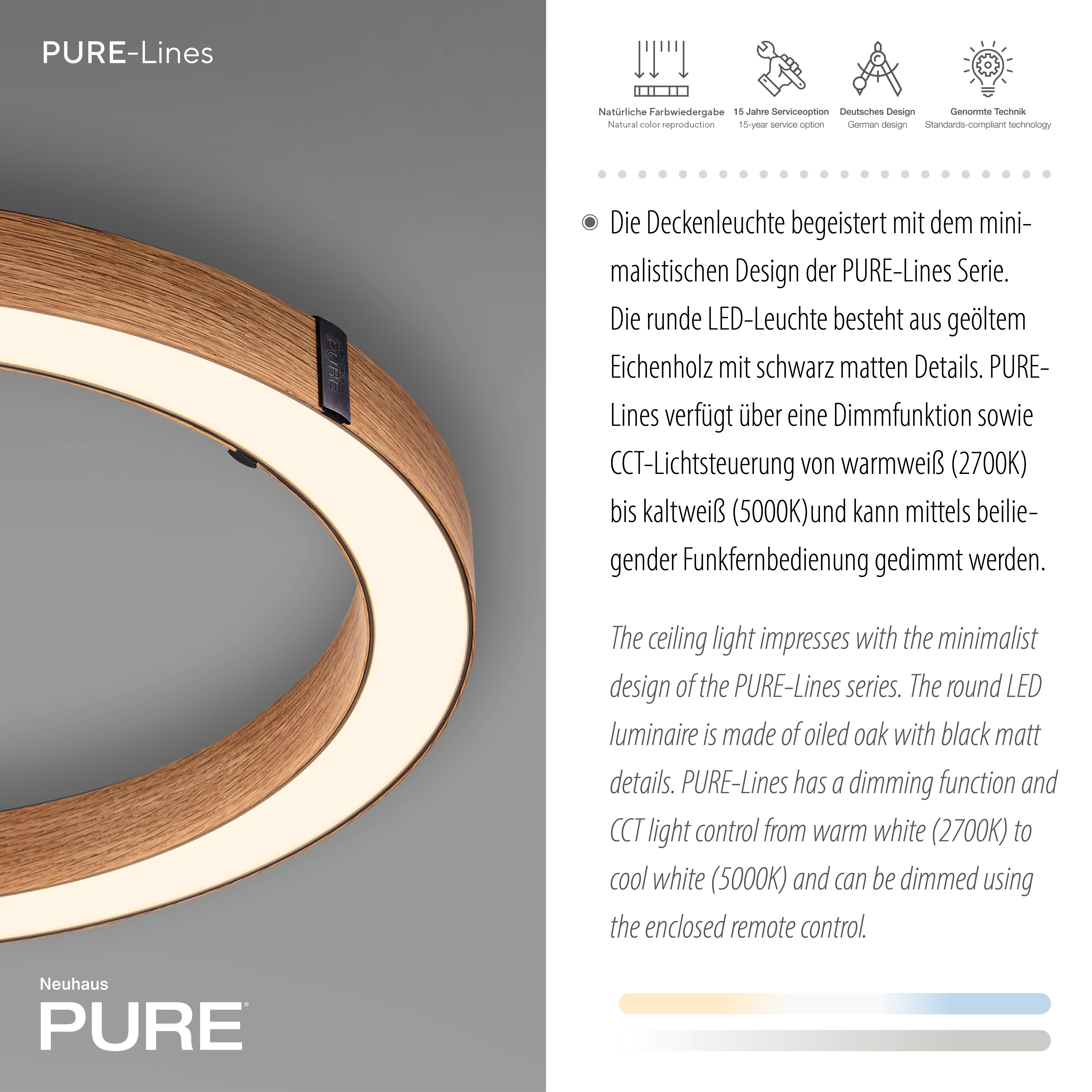 Deckenleuchte PURE Lines Round - Holz-natur, mit Fernbedienung