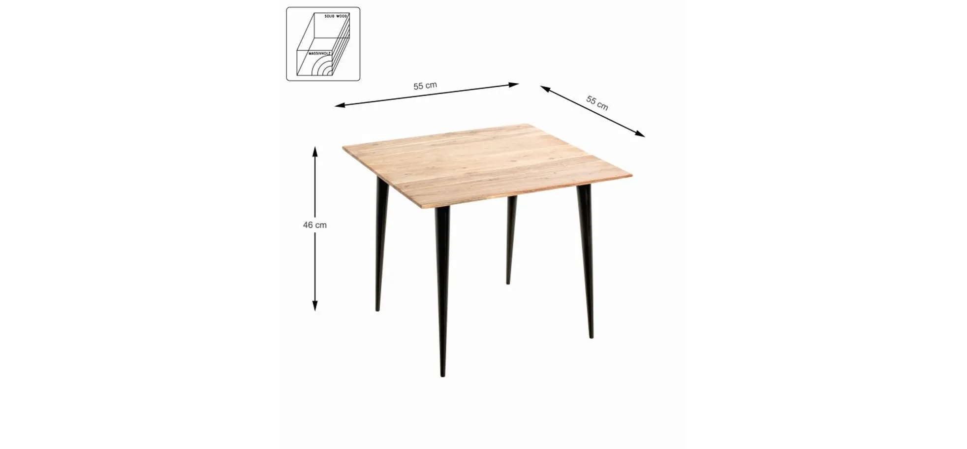 Beistelltisch - B/H/T ca. 55x46x55 cm, Akazie natur, Schwarz