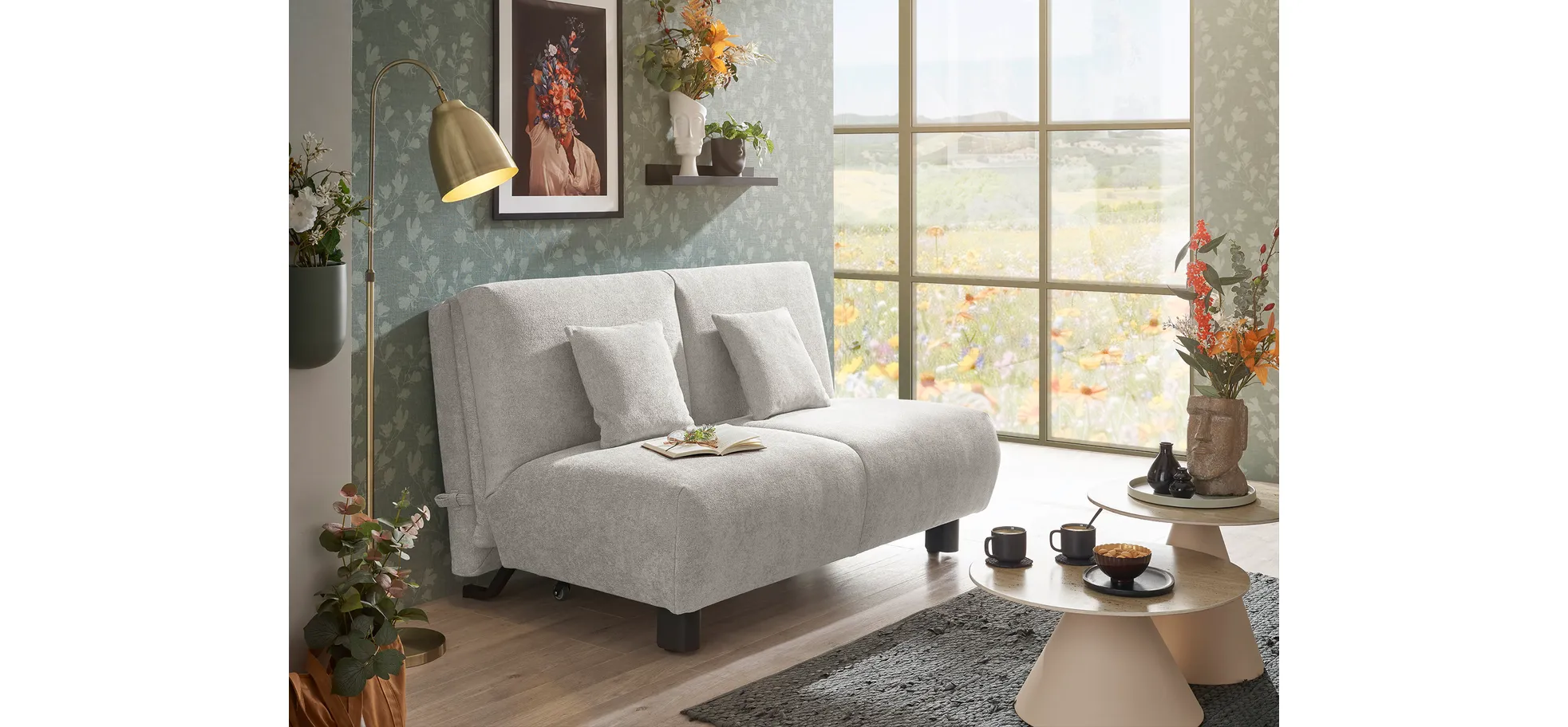  Faltsofa EBBY - 2-Sitzer ohne Armlehne, 140 cm inkl. Schlaffunktion, Stoff, Creme