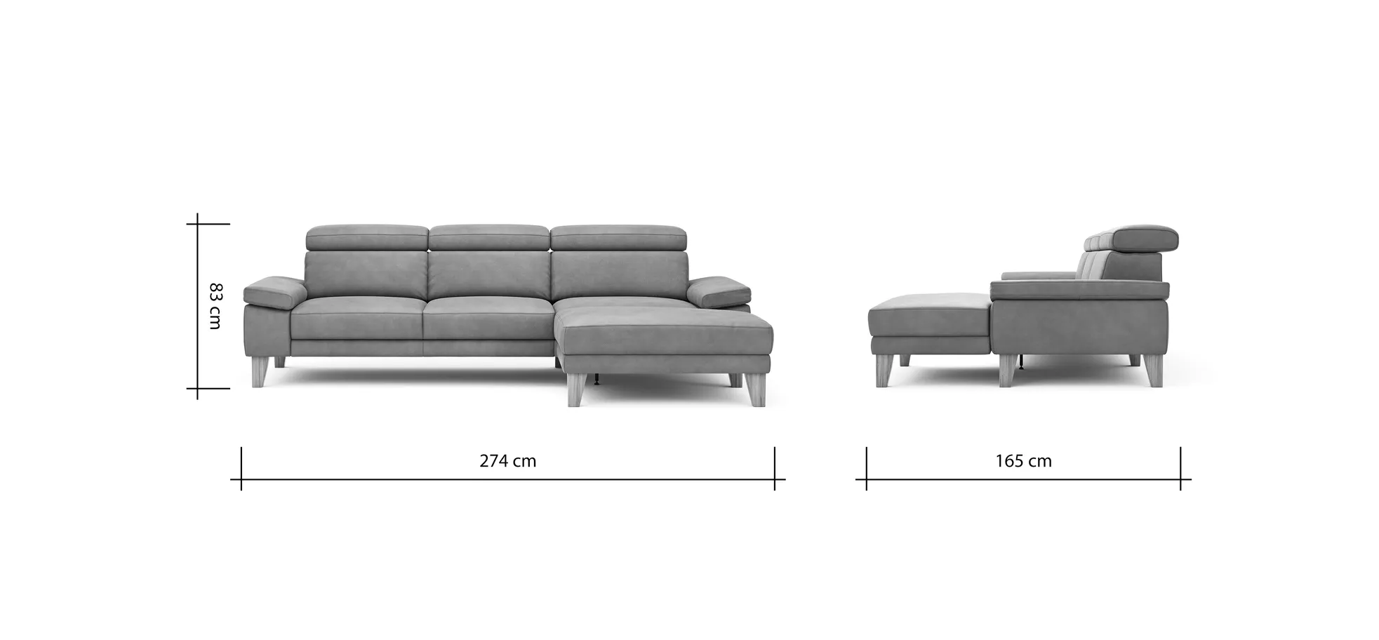 Ecksofa Hudson - 2,5-Sitzer mit Longchair rechts inkl. Kopfteil verstellbar, Stoff, Steingrau