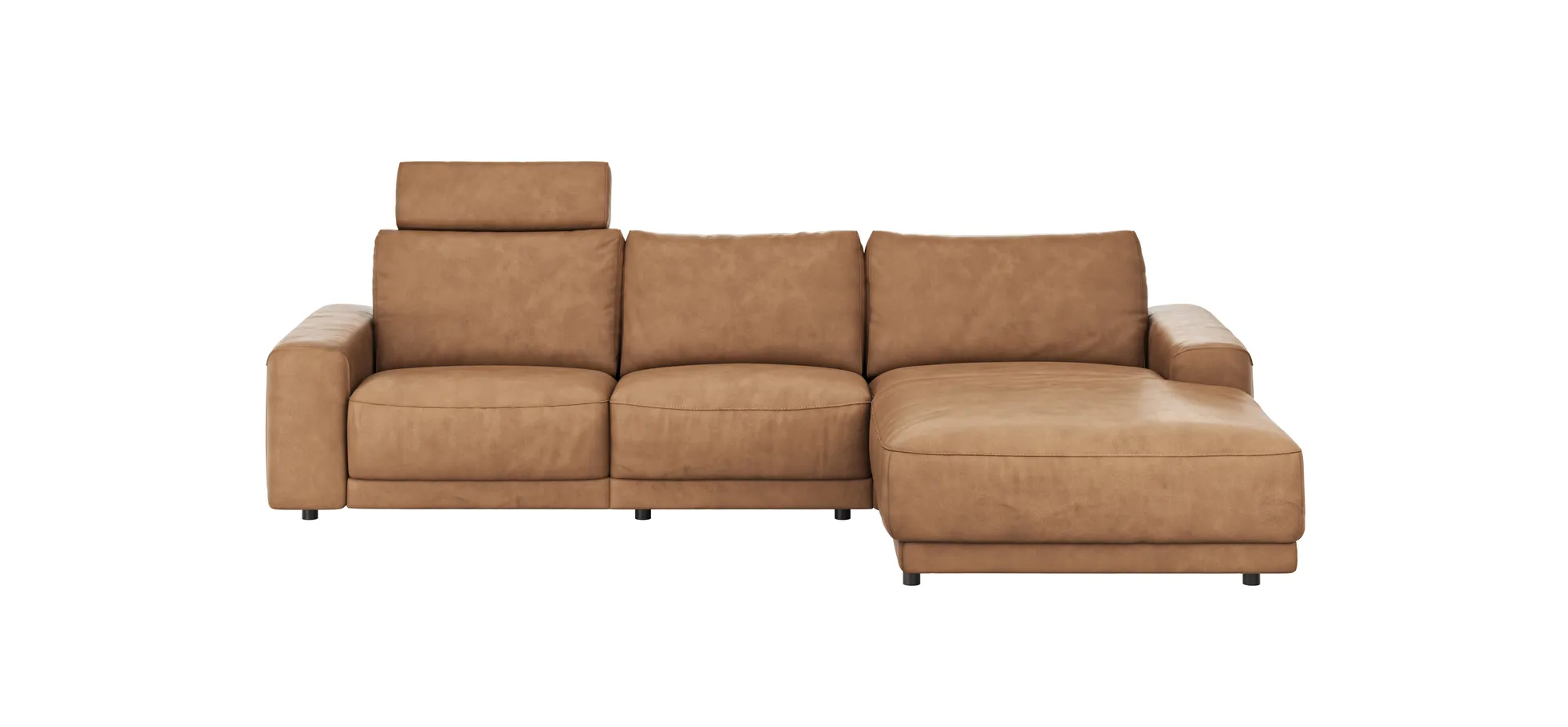 Ecksofa Balok - 2,5-Sitzer mit Longchair groß rechts, inkl. Relaxfunktion (motorisch) und Kopfstütze, Leder, Cognac