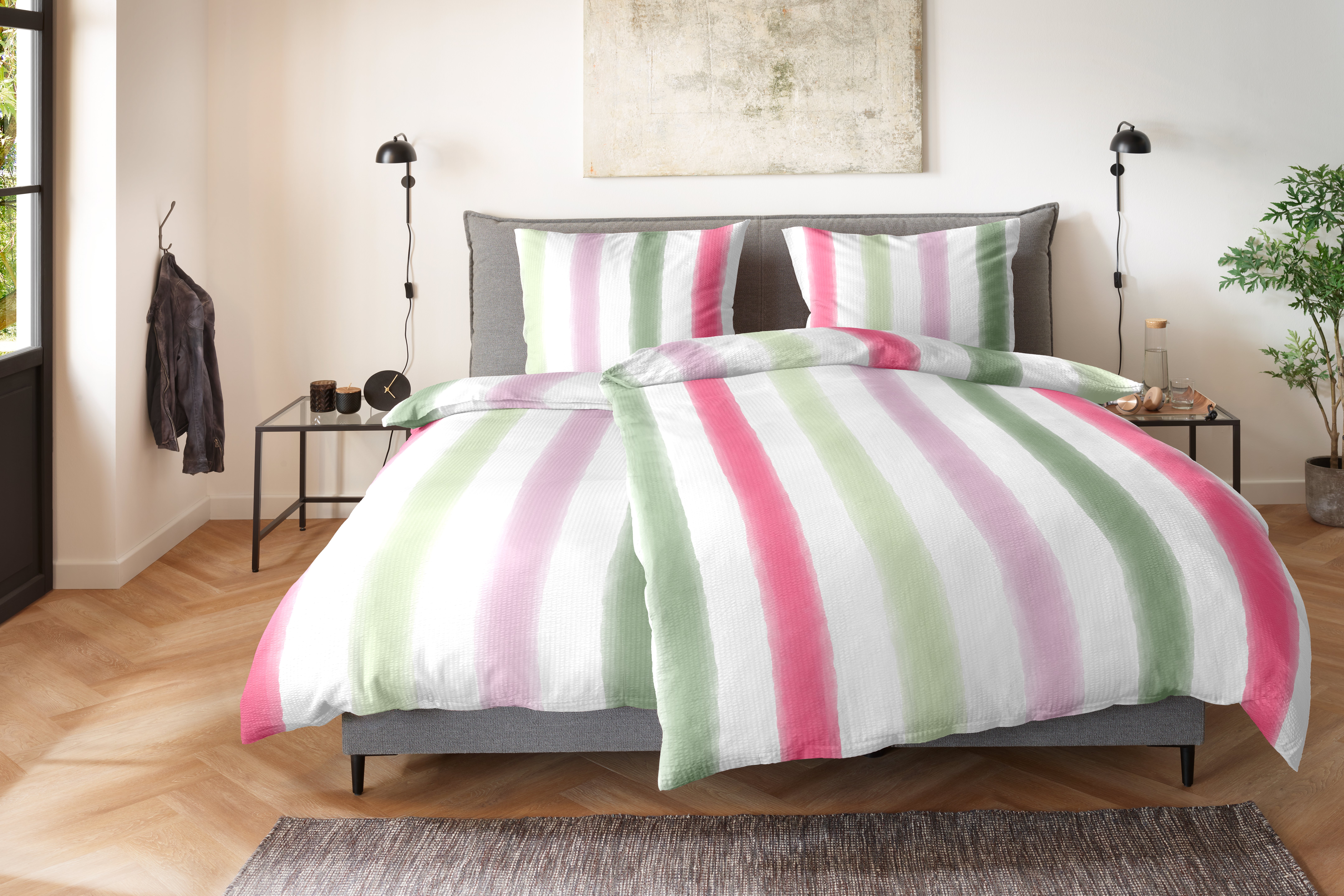 Baumwoll-Seersucker-Bettwäsche - 135x200cm, grün-pink, 100% Baumwolle