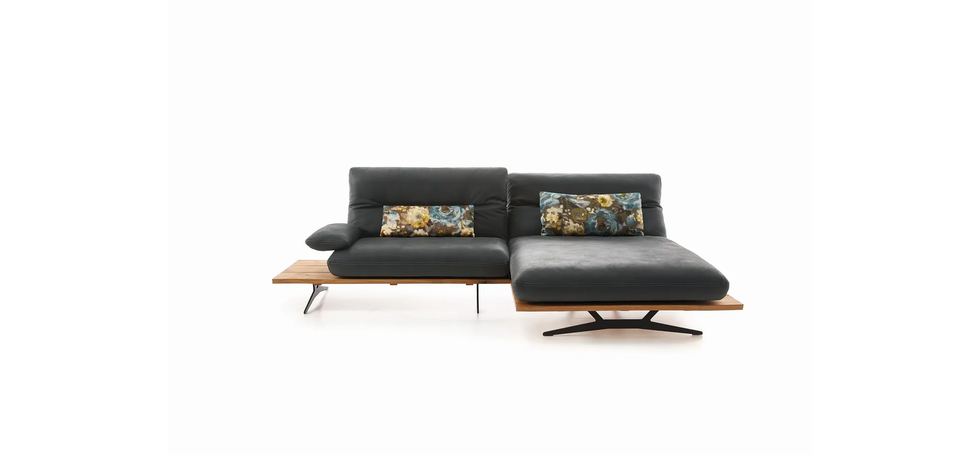 Ecksofa - 1-Sitzer mit Longchair rechts, Rücken/Armlehne/Sitztiefe verstellbar, Leder, Schwarz