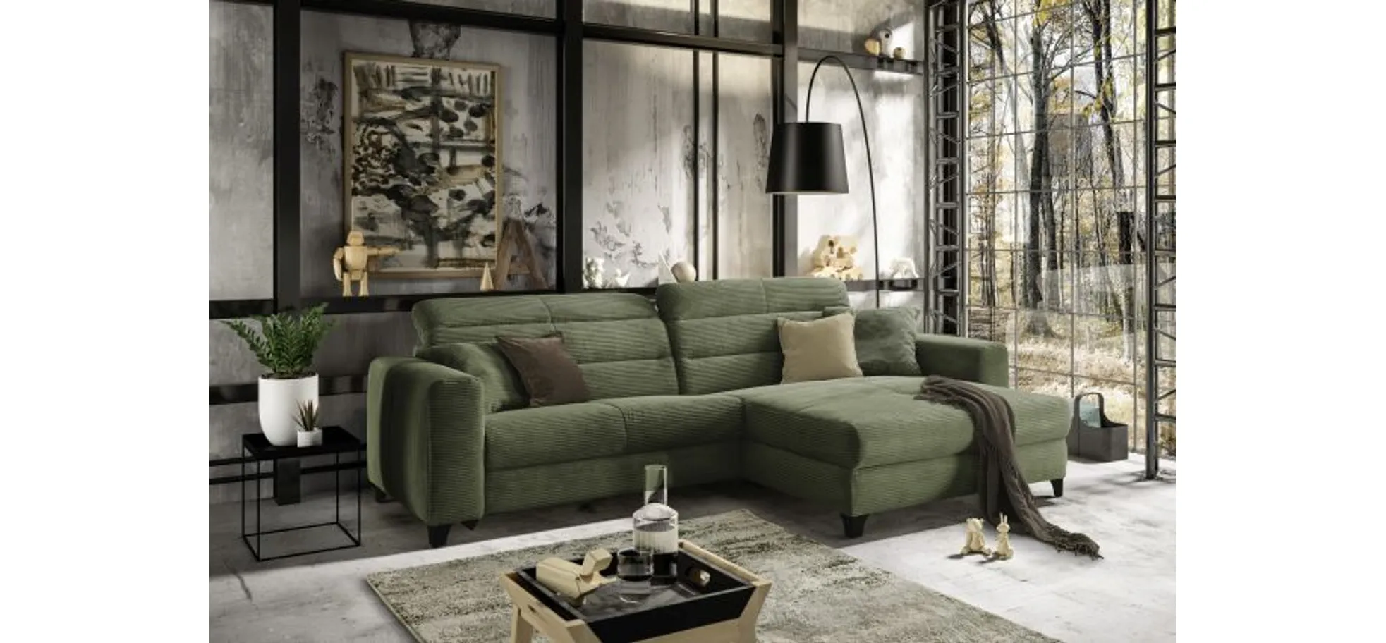 Ecksofa JAROM - 3-Sitzer, Ecke rechts inkl. Relaxfunktion (motorisch) und Kopfteil verstellbar, Stoff, Grün