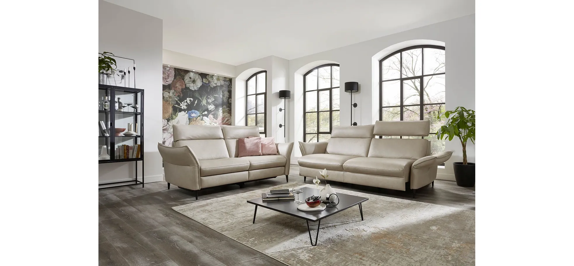 Sofa - 3-Sitzer, Kopfteil verstellbar, Leder, Creme