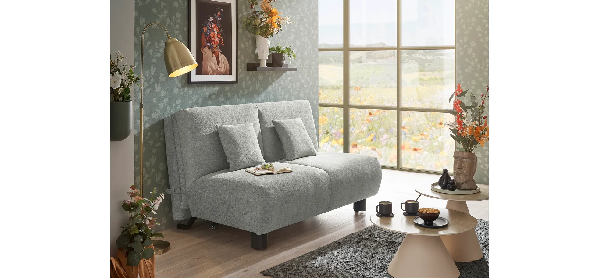  Faltsofa EBBY - 2-Sitzer ohne Armlehne, 140 cm inkl. Schlaffunktion/Relaxfunktion, Stoff, Grau