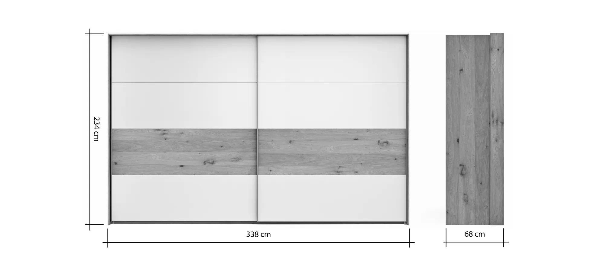 Schwebetürenschrank Viana - B ca. 338 cm, Furnier, Balkeneiche, Hellgrau
