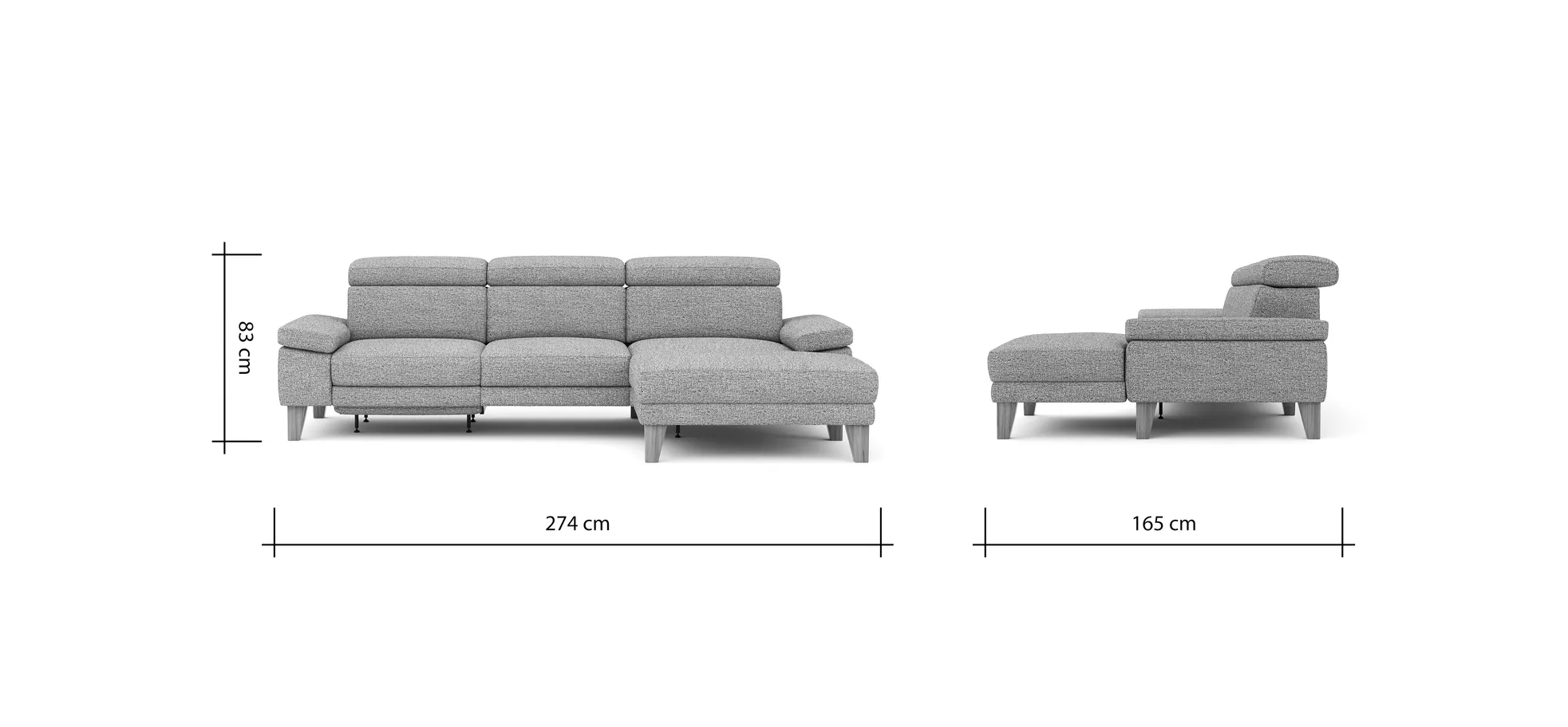 Ecksofa Hudson - 2,5-Sitzer mit Longchair rechts, inkl. Kopfteil/Armlehne verstellbar und Relaxfunktion (motorisch), Stoff, Kupfer
