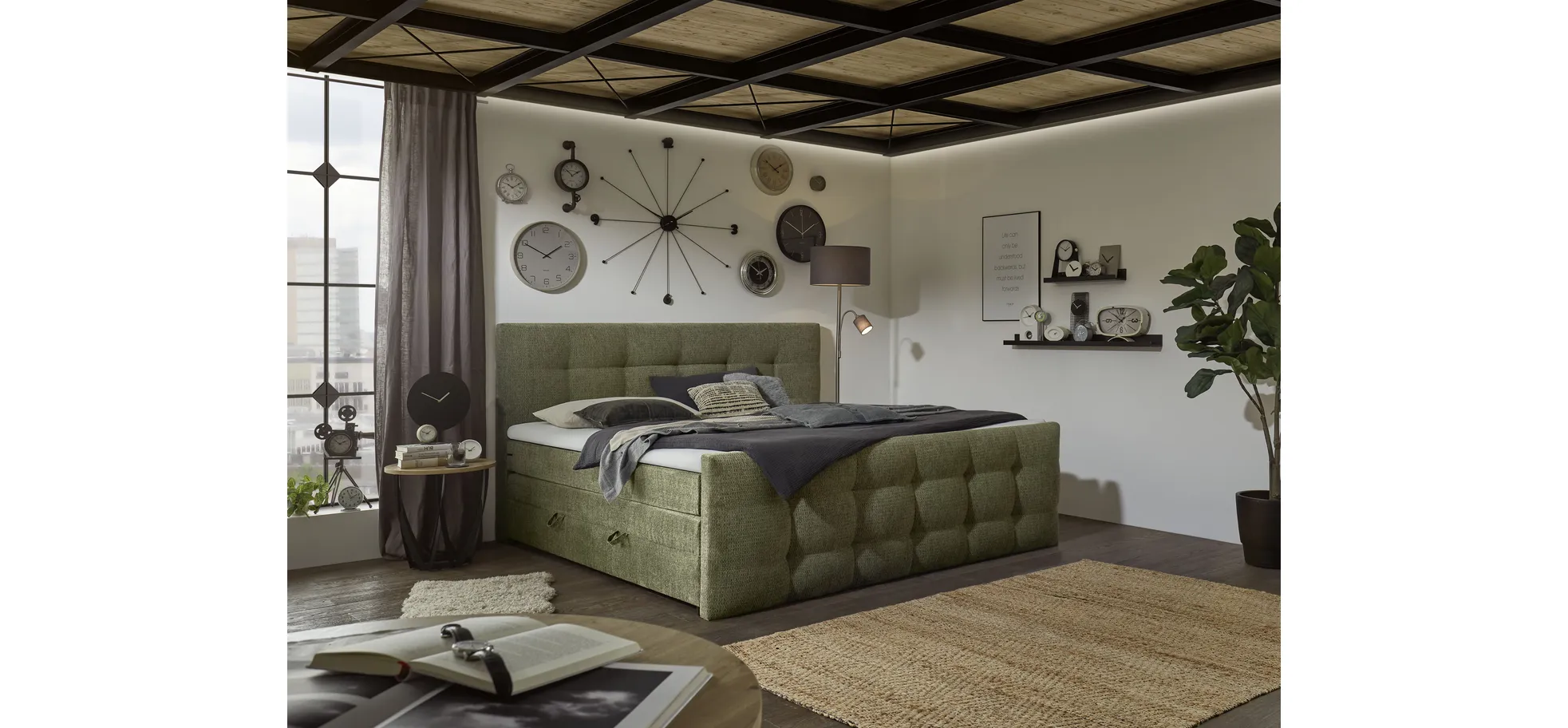 Boxspringbett, Stoff Grün - Sandrin I