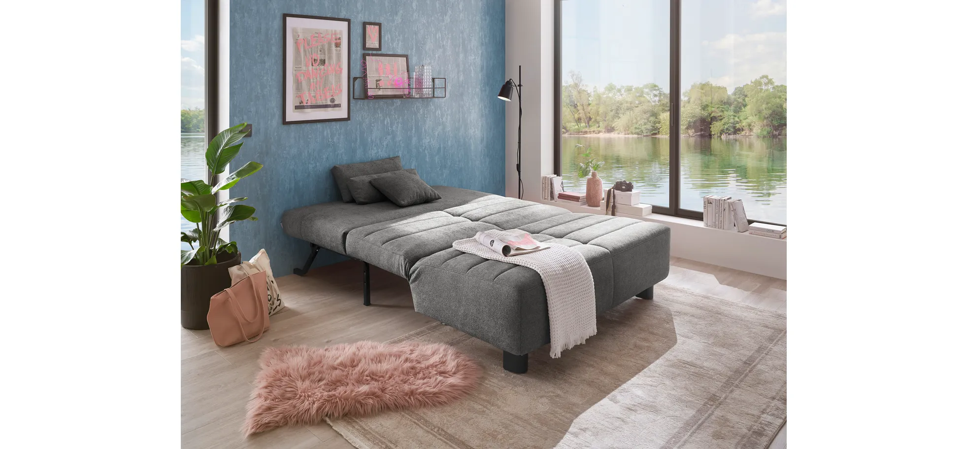  Faltsofa Easy - 2-Sitzer ohne Armlehne, ca. 140 cm inkl. Schlaffunktion, Stoff,  Dunkelgrau