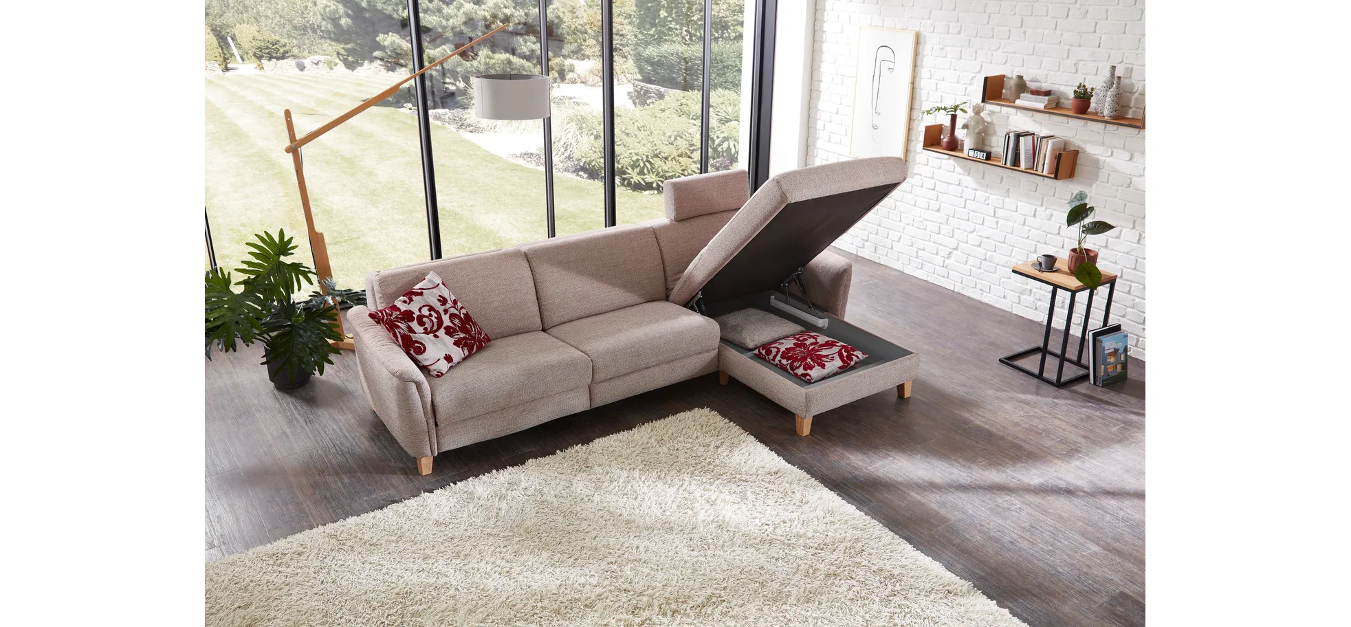 Ecksofa Mendoza - 2,5-Sitzer mit Longchair rechts, Bettkasten, Stoff, Bordeaux