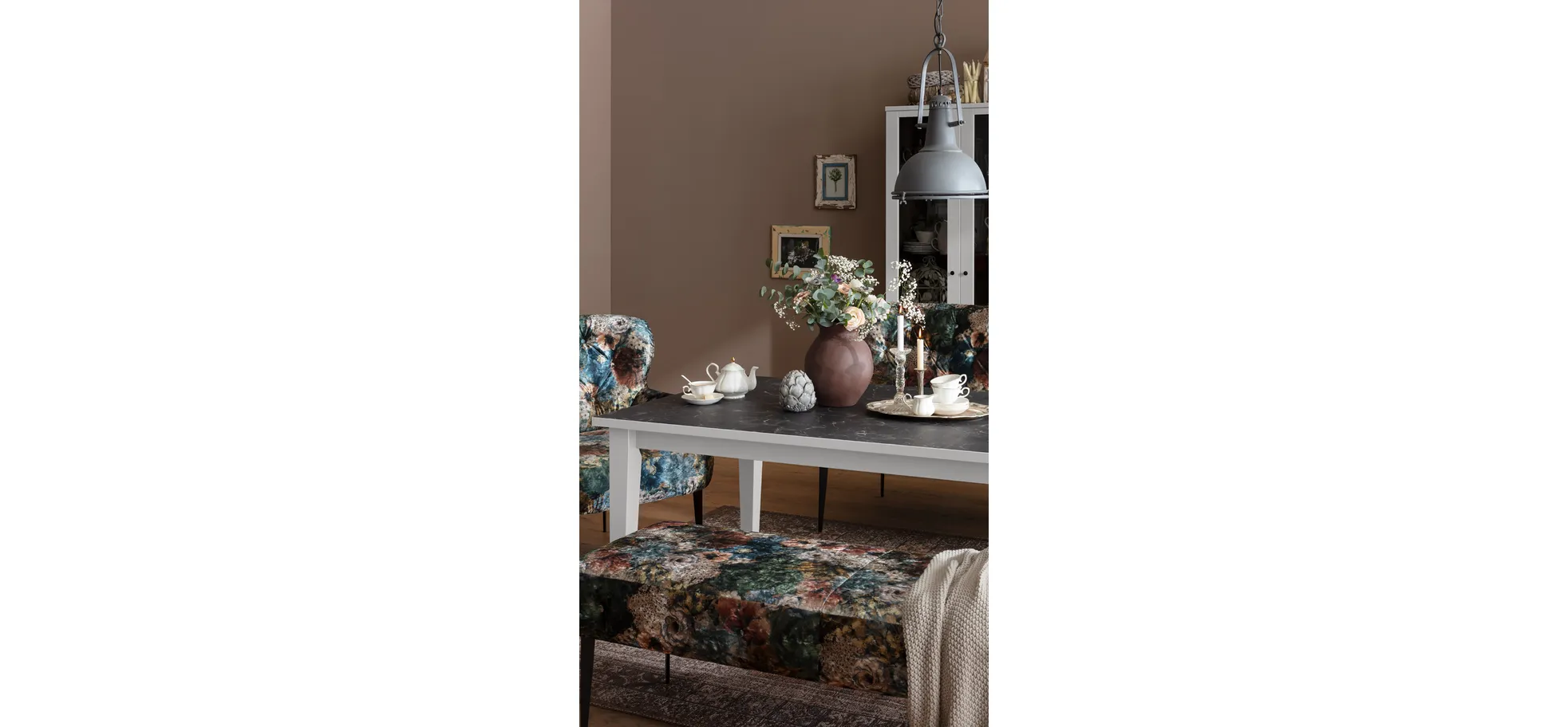 Esstisch Stafford - LB ca. 210x100 cm, Lack Kreide, HPL schwarzgrau marmoriert