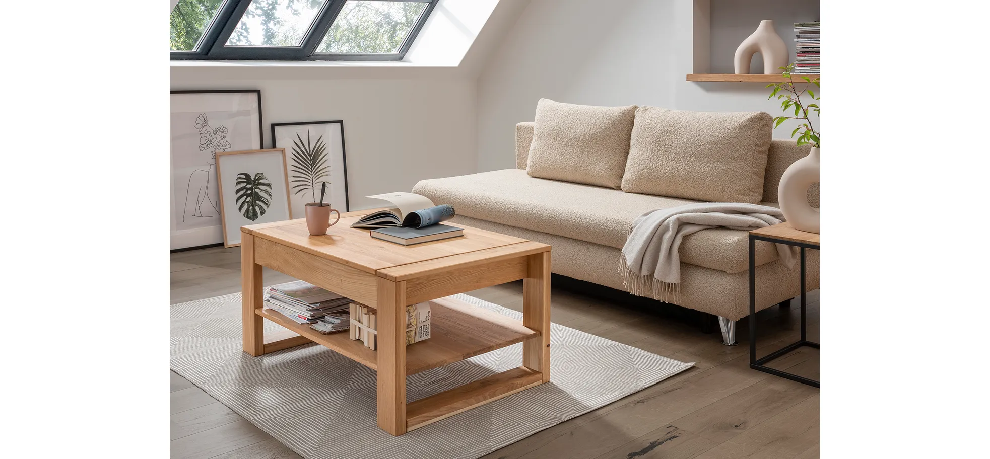 Couchtisch - höhenverstellbar, LB ca. 100x65 cm, Eiche massiv geölt