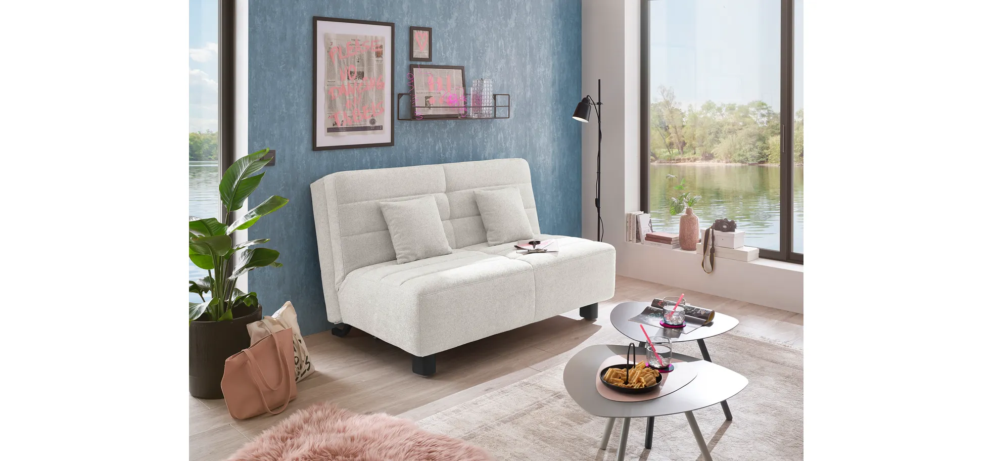  Faltsofa Easy - 2-Sitzer ohne Armlehne, ca. 140 cm inkl. Schlaffunktion, Stoff, Creme