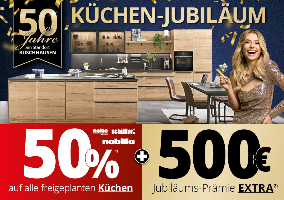Küchen Jubiläum • 50 Jahre Standort Buschhausen • Abbildung einer Küche auf blauen Grund und eine Frau im goldenen Kleid zeigt darauf • 50% auf frei geplante Küchen + 500 € Jubiläums-Prämie EXTRA • Meyerhoff Küchen Jubiläum • 50 Jahre Standort Buschhausen • Abbildung einer Küche auf blauen Grund und eine Frau im goldenen Kleid zeigt darauf • 50% auf frei geplante Küchen + 500 € Jubiläums-Prämie EXTRA • Meyerhoff