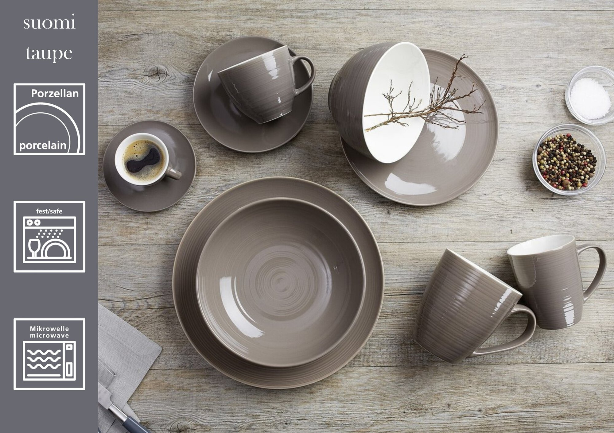 Suppenteller Suomi Taupe 20 cm - Porzellan, spülmaschinenfest, rund, braun