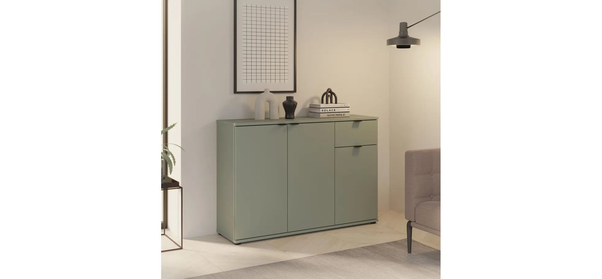 Kommode, Salbei, 3 Türen, 1 Schub - Finella