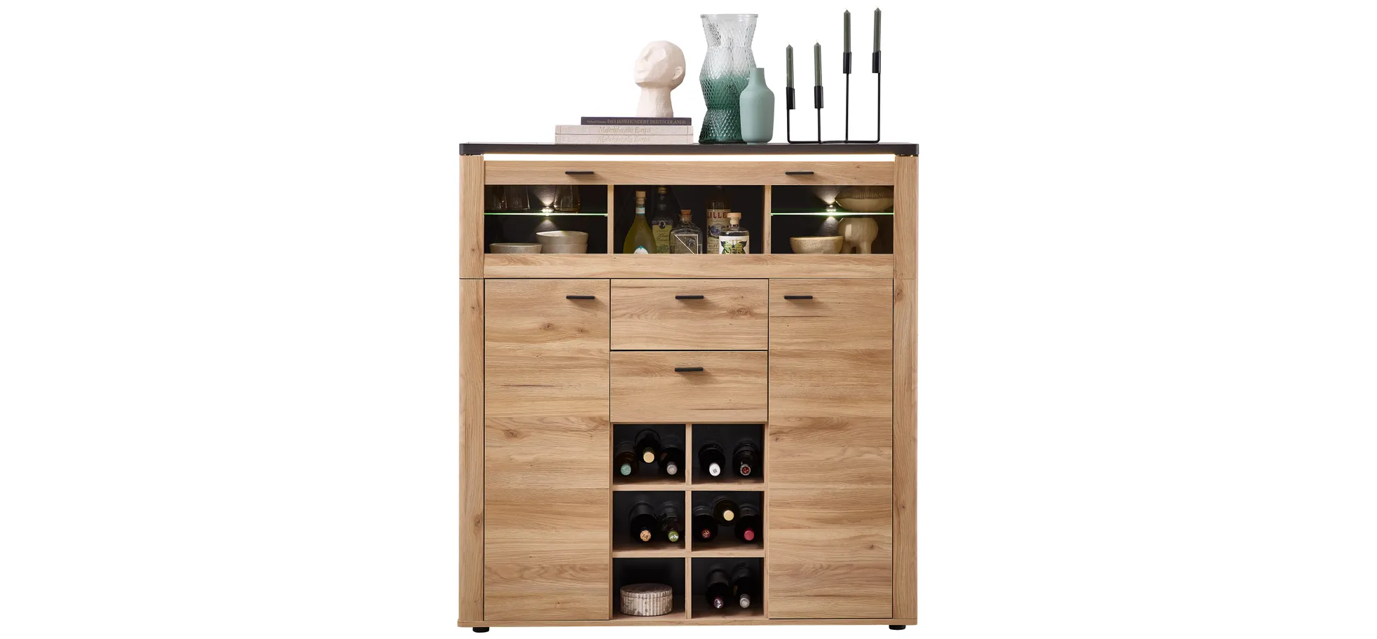 Highboard - mit Beleuchtung, B ca. 128 cm, Eiche Nachbildung, Eiche dunkel Nachbildung Highboard - mit Beleuchtung, B ca. 128 cm, Eiche Nachbildung, Eiche dunkel Nachbildung