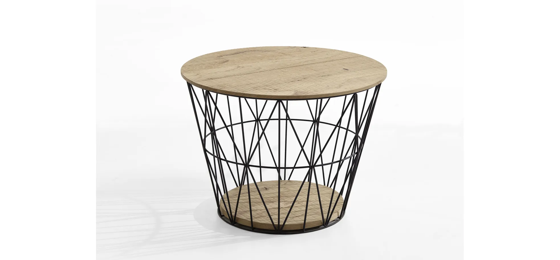 Couchtisch - LBH ca. 62x62x46 cm, Platte Eiche massiv, Metallkorb