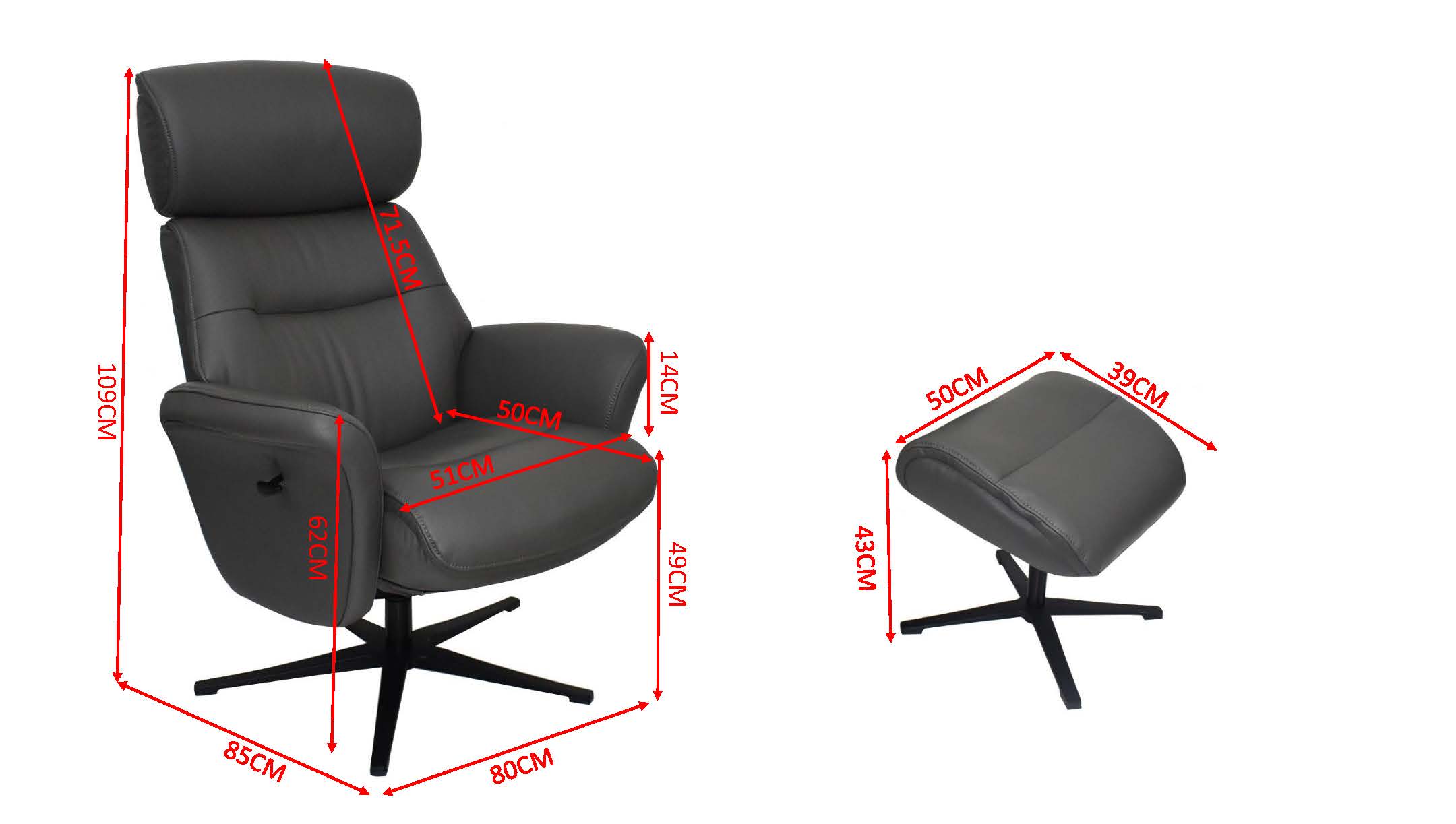 Relaxsessel mit Hocker, Leder dunkelgrau - Mio