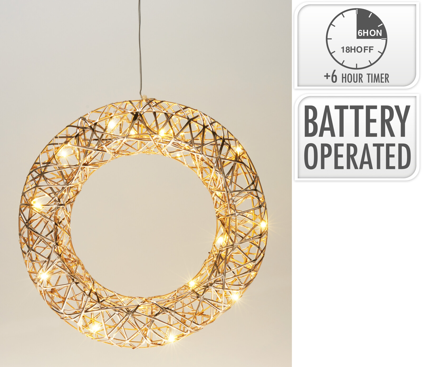 LED Kranz, ca. 30cm, gold - Timer, Batteriebetrieb (ohne Batt.)