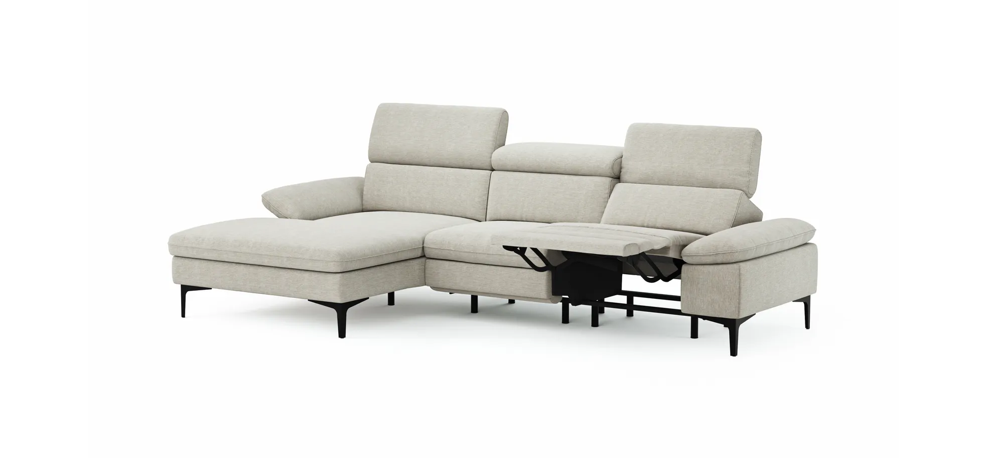 Ecksofa Felipa - Longchair links mit 2,5-Sitzer inkl. Armlehne verstellbar und Rückenlehne/Sitztiefe verstellbar (motorisch), Stoff, Natur