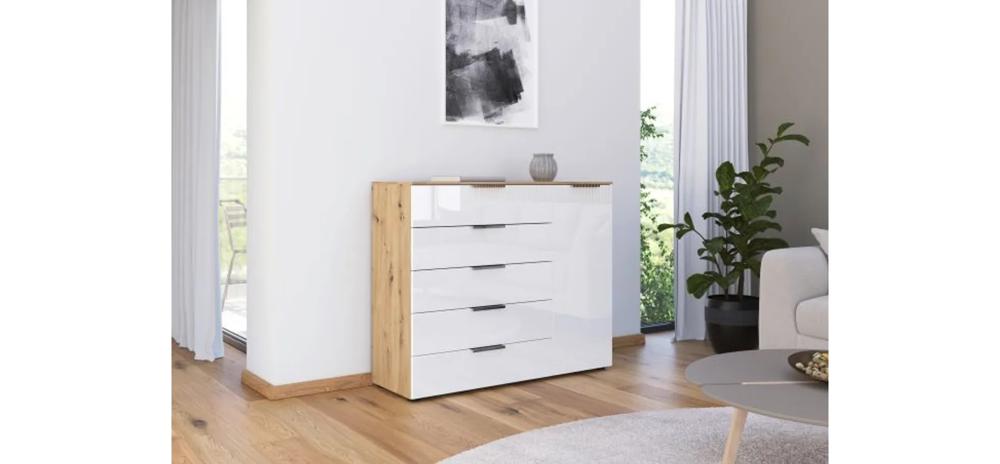 Kommode RIPP- Eiche Dekor, Glas, Weiß