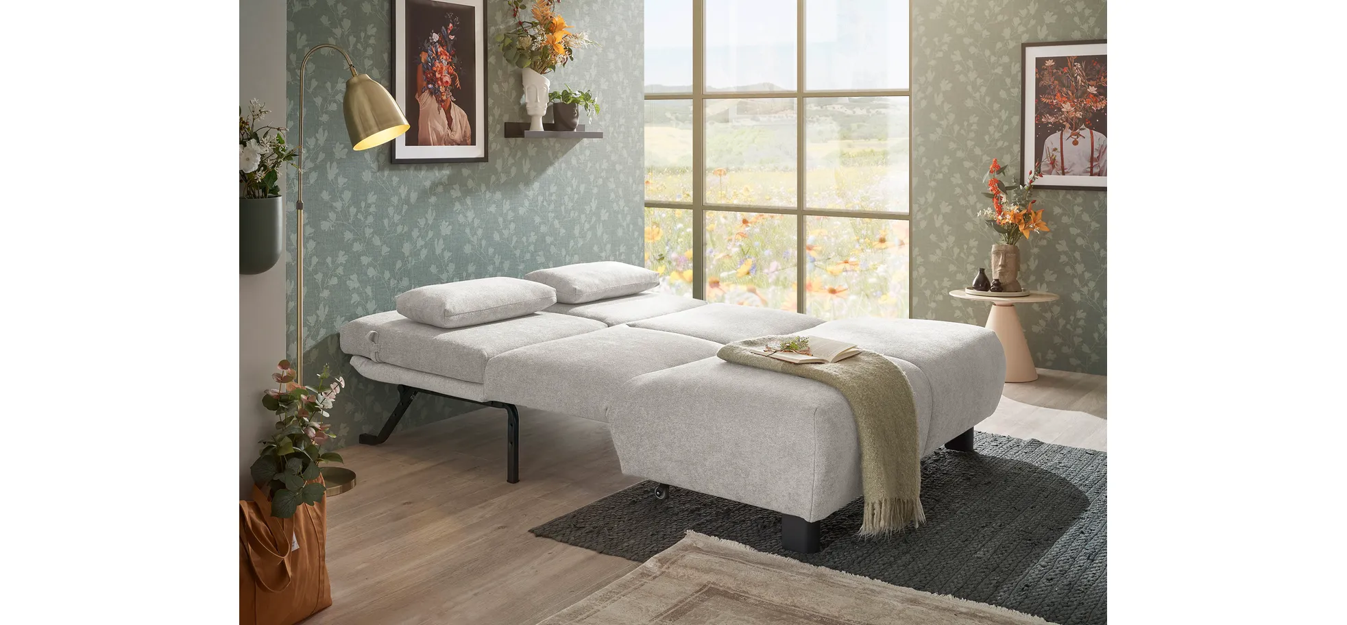  Faltsofa EBBY - 2-Sitzer ohne Armlehne, 140 cm inkl. Schlaffunktion, Stoff, Creme