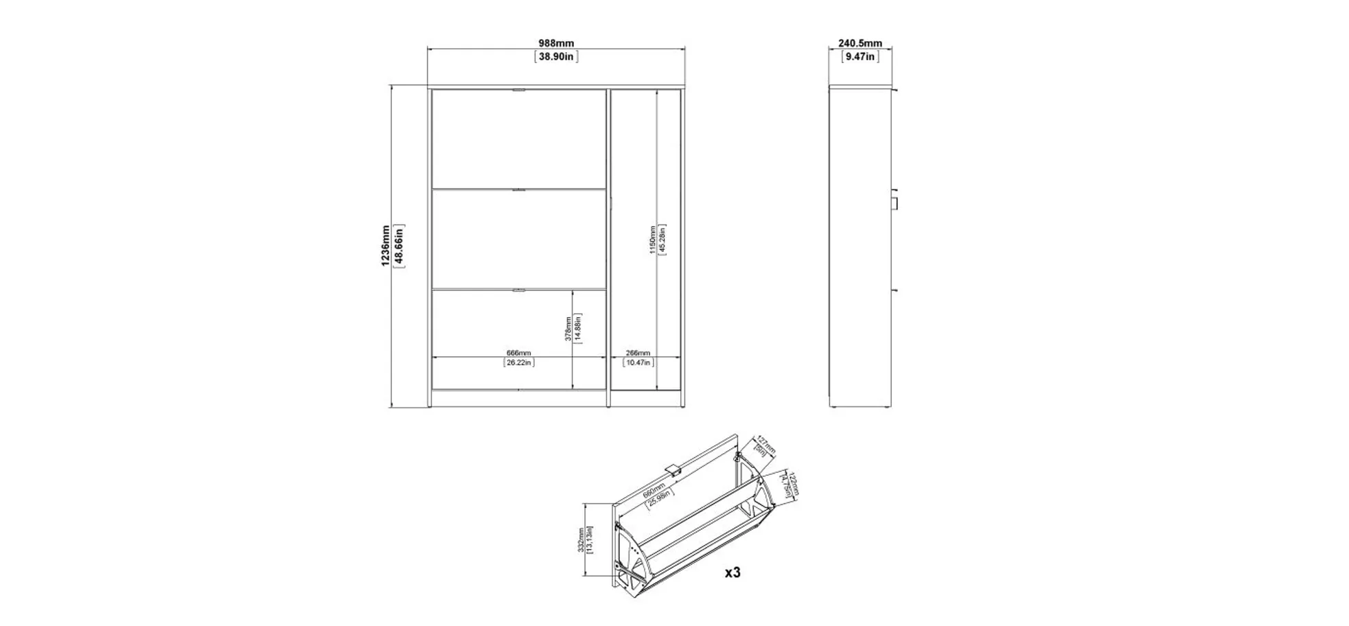 Schuhschrank - B ca. 99 cm, Eiche Struktur Nachbildung, Weiß Hochglanz