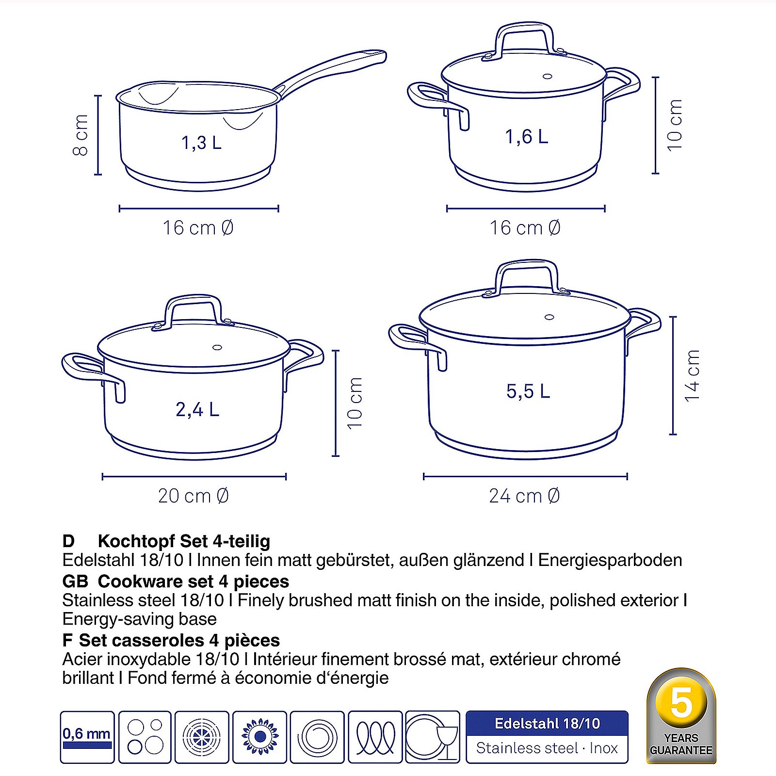 Kochtopf-Set Flavoria 4tlg - Edelstahl 18/10 silber glänzend