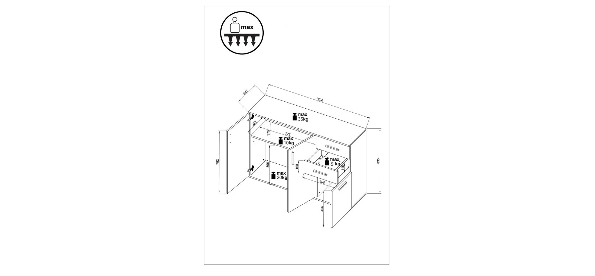 Kommode - B ca. 120 cm, Eiche Evoke Nachbildung, Weiß