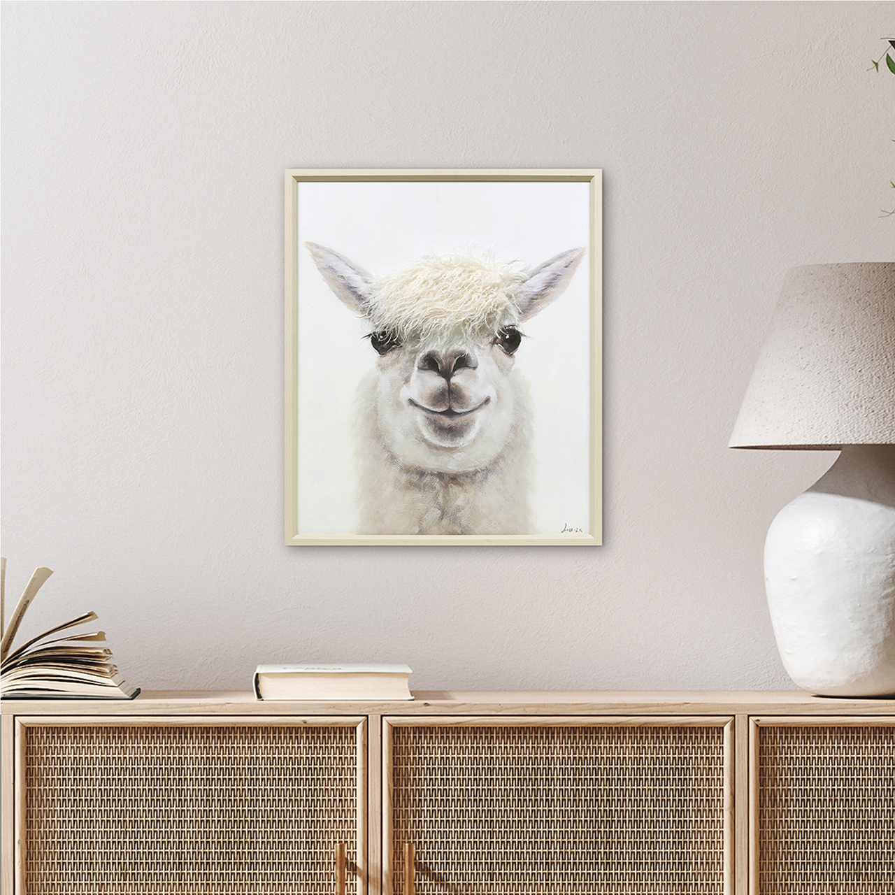 Bild "Lama Youngster", ca. 50x60 cm - Giclée auf Trägerplatte mit Kunstfell, handvered.