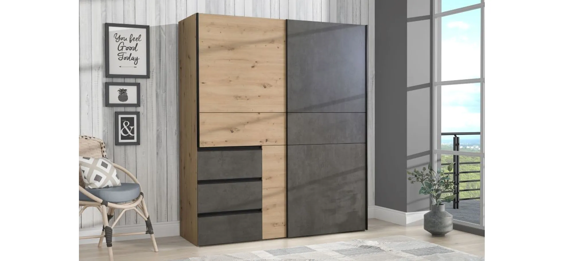 Schwebetürenschrank FJOLLA - B ca. 170,3 cm, Eiche Dekor, Betonoptik Dunkelgrau