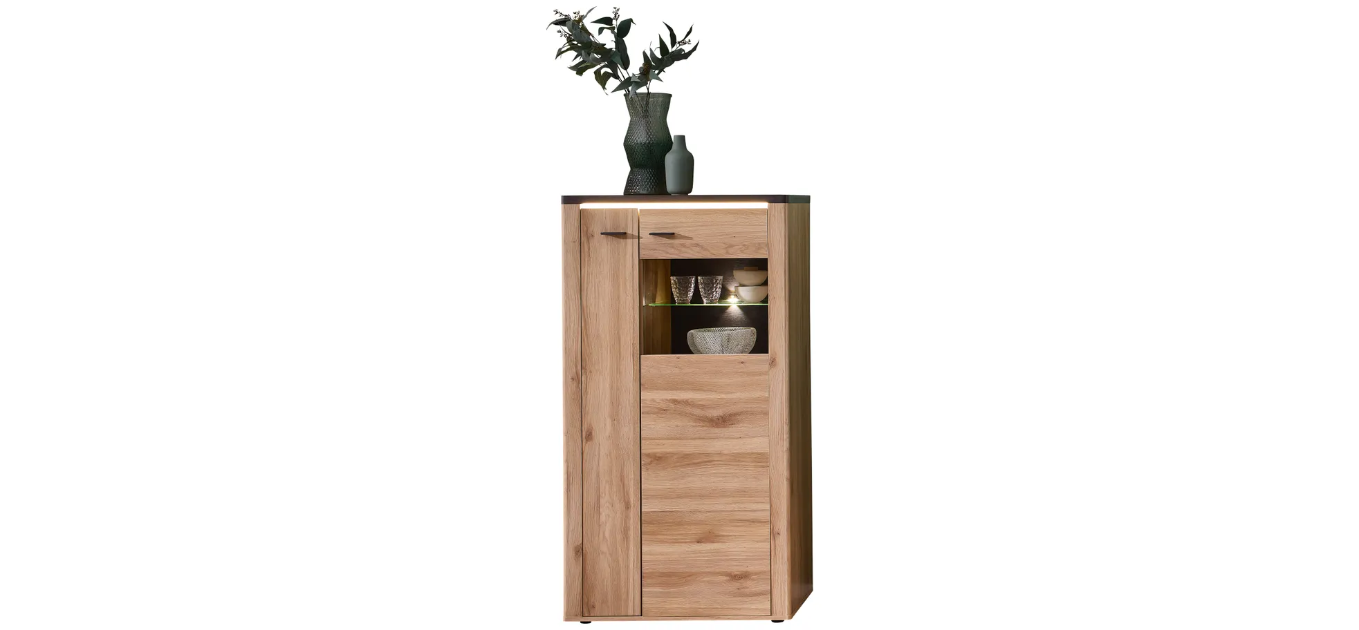 Highboard - mit Beleuchtung, B ca. 78 cm, Eiche Nachbildung, Eiche dunkel Nachbildung