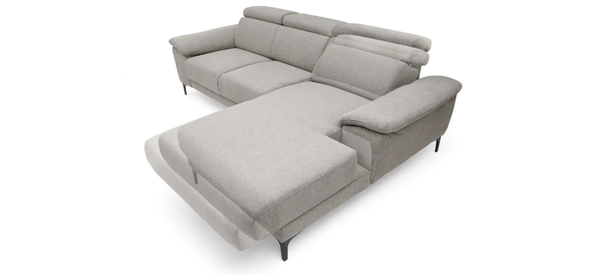 Ecksofa EZRA - 2-Sitzer, Ecke rechts inkl. Kopfteilverstellungen, Relaxfunktion im Longchair, Stoff, Taupe