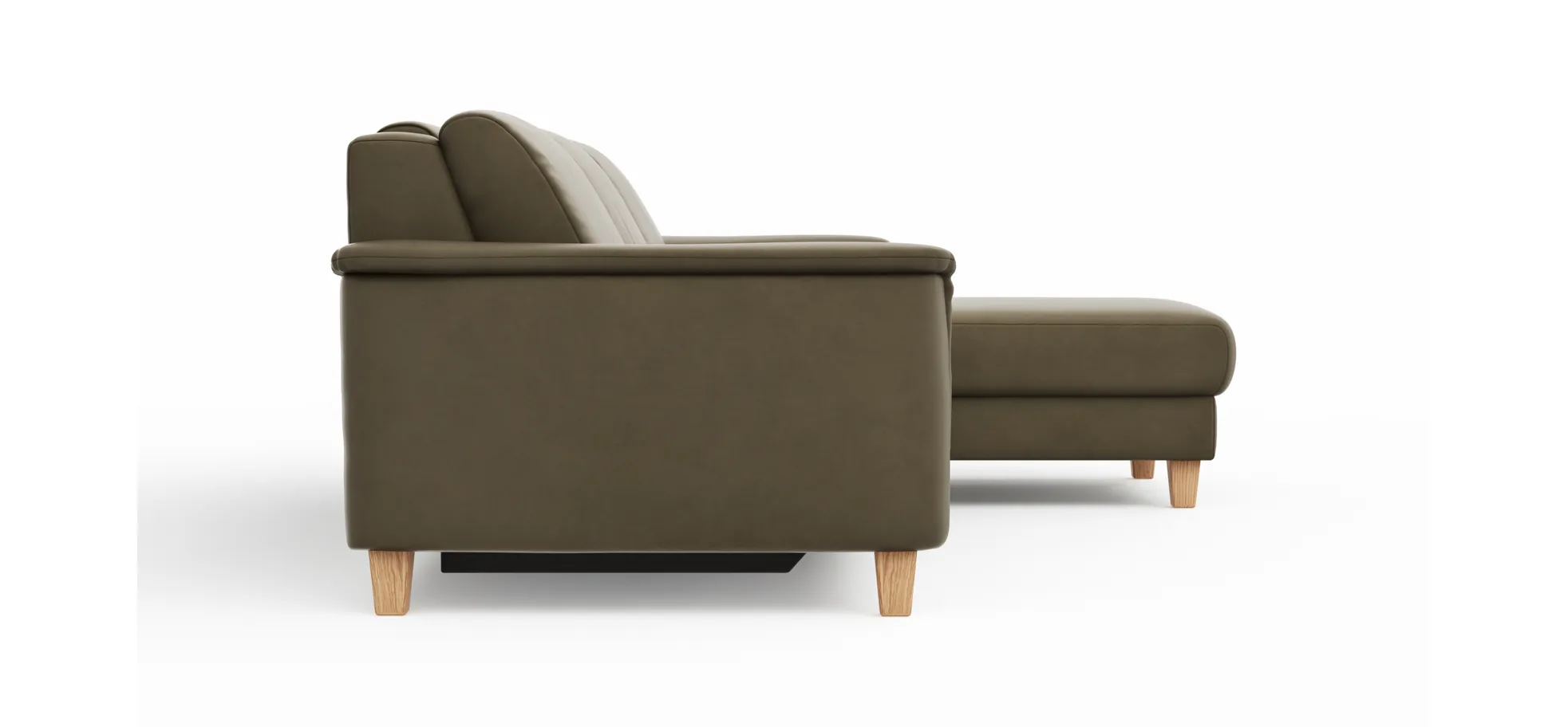 Ecksofa Mendoza - 2,5-Sitzer mit Longchair rechts, Relaxfunktion motorisch, Bettkasten, Leder, Braungrün