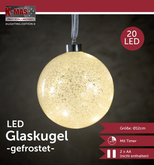 LED-Dekokugel aus Glas 20 LED, Ø 12 cm, gefrostet - hängend