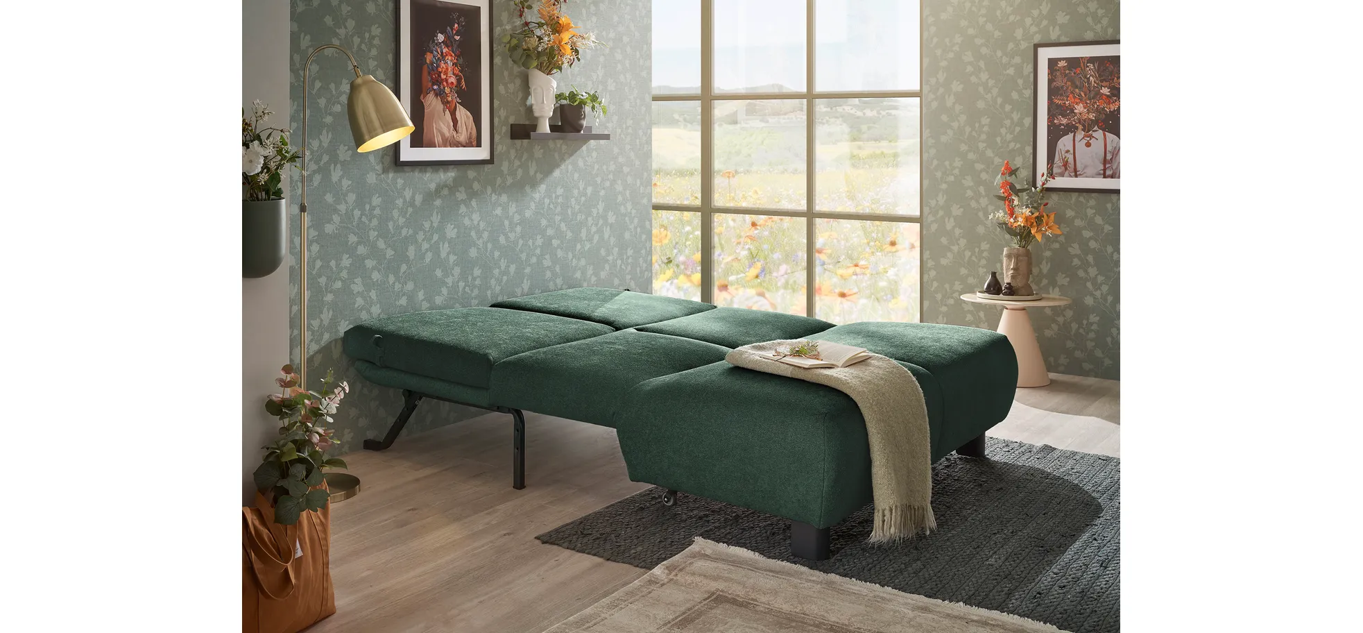  Faltsofa EBBY - 2-Sitzer ohne Armlehne, 140 cm inkl. Schlaffunktion, Stoff, Dunkelgrün