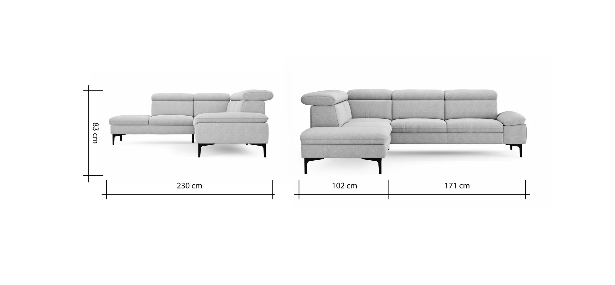 Ecksofa Felipa - Ecke links mit 2,5-Sitzer inkl. Kopfteil verstellbar, Stoff, Grau