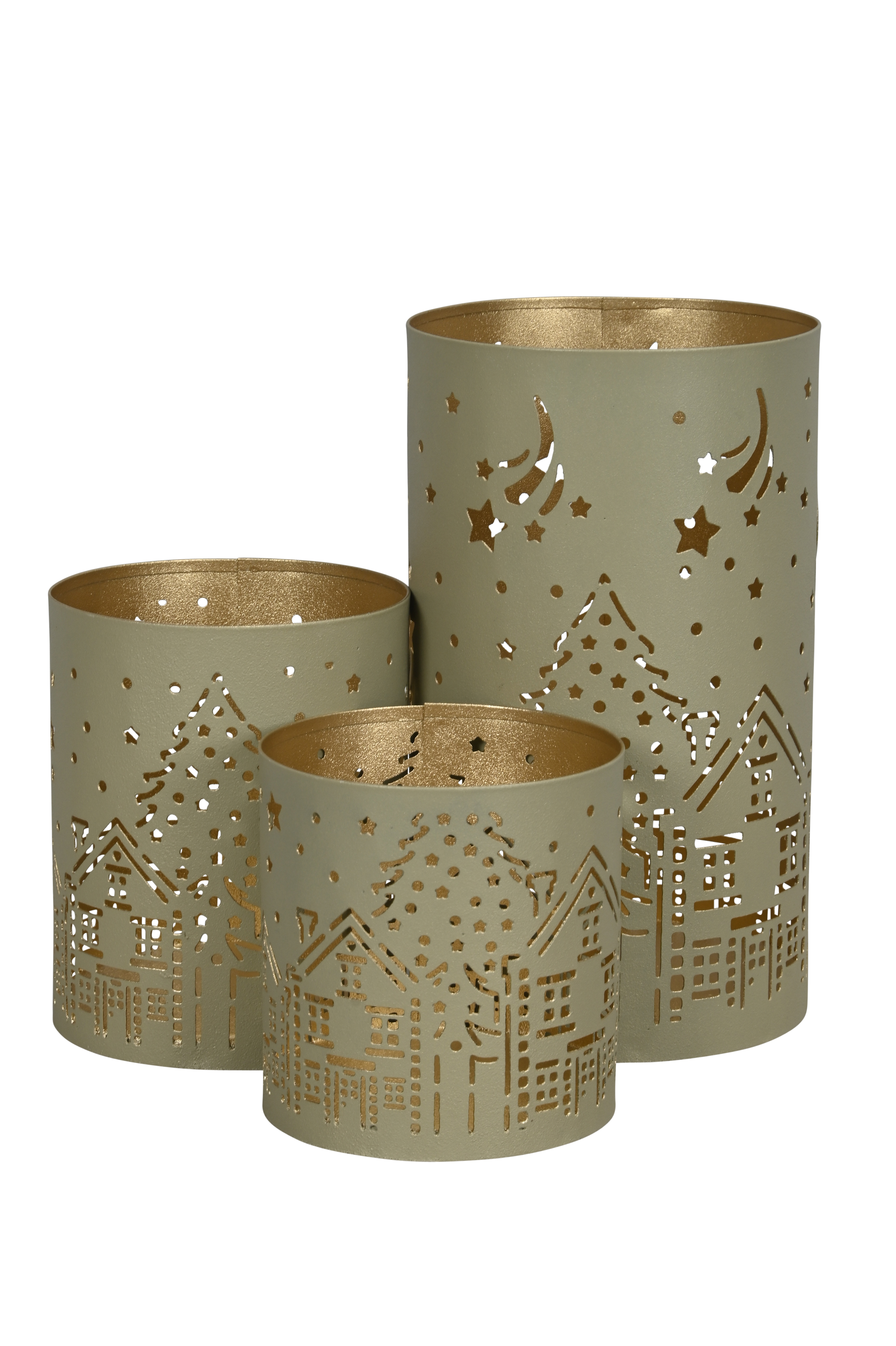 Windlicht Stadt, klein - creme-gold, 9,5x10cm