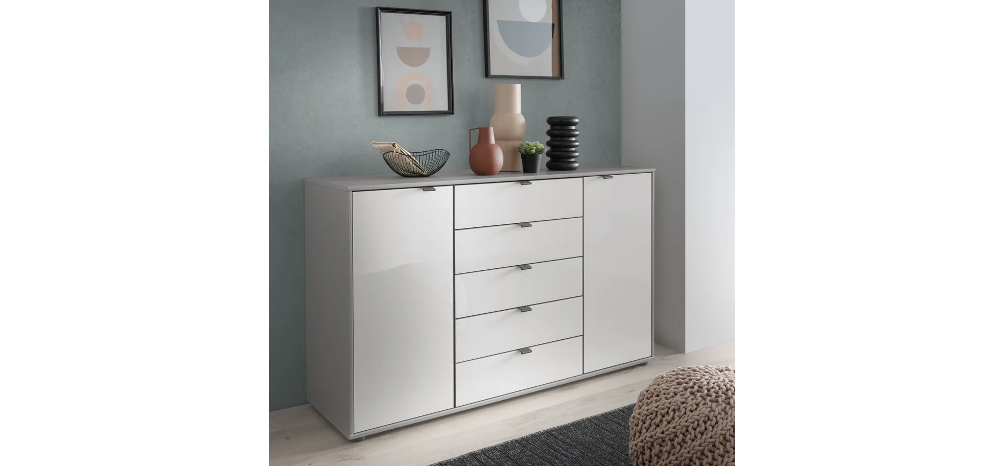 Kommode Marbella - Lack, Grau, Glas, Weiß