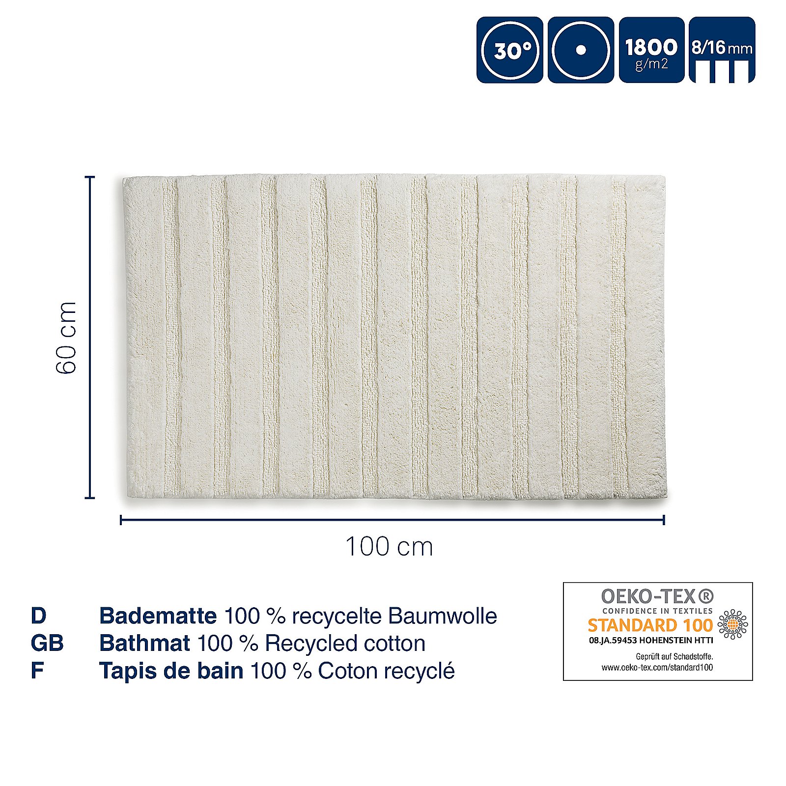 Badematte Megan 60x1,6x100 cm - 100%Baumwolle offwhite
