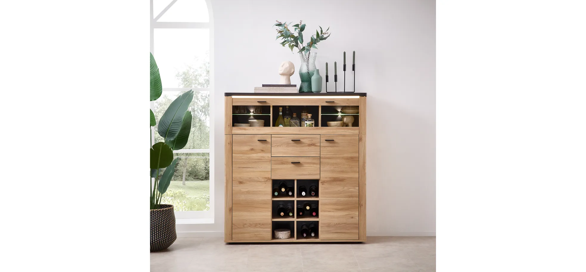 Highboard - mit Beleuchtung, B ca. 128 cm, Eiche Nachbildung, Eiche dunkel Nachbildung Highboard - mit Beleuchtung, B ca. 128 cm, Eiche Nachbildung, Eiche dunkel Nachbildung