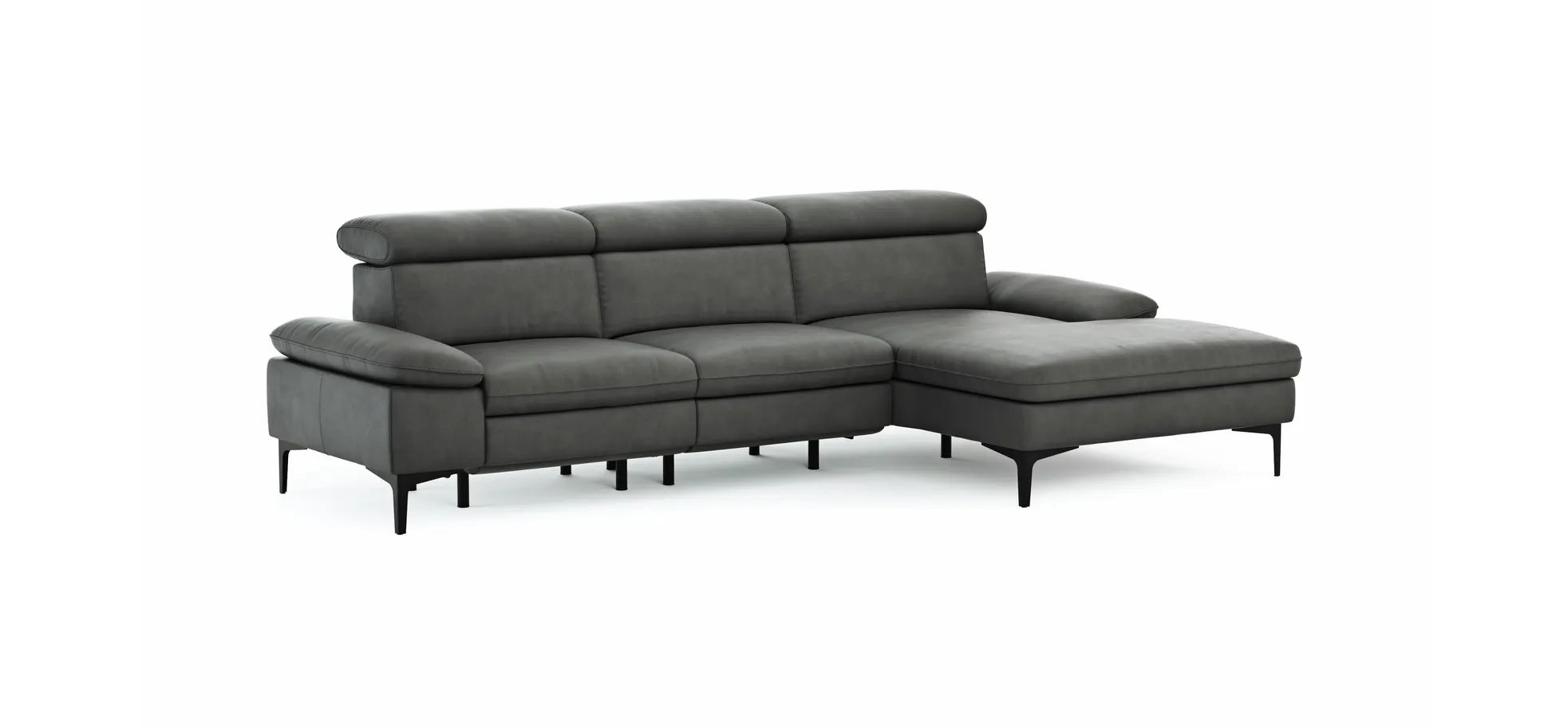 Ecksofa Felipa - 2,5-Sitzer mit Longchair rechts inkl. Armlehne verstellbar und Rückenlehne/Sitztiefe verstellbar (motorisch), Leder, Grau